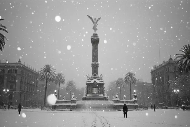 Fotografía histórica o recreación digital del Ángel de la Independencia en Paseo de la Reforma cubierto de nieve, representando el fenómeno de nieve en CDMX de 1967.