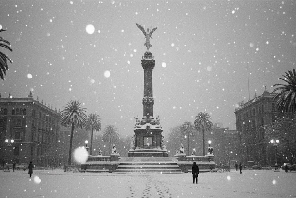 Fotografía histórica o recreación digital del Ángel de la Independencia en Paseo de la Reforma cubierto de nieve, representando el fenómeno de nieve en CDMX de 1967.