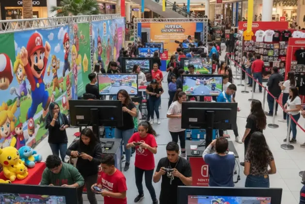 Grupo de jóvenes disfrutando de las consolas y actividades en el evento del Nintendo Mall Tour en México.