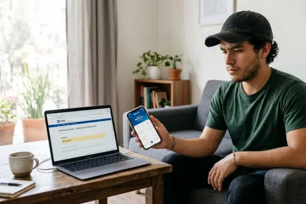 Joven universitario revisando su estado de cuenta en un celular mientras mira una laptop con el portal del SAT abierto, con expresión de preocupación pero decidida, buscando información sobre su devolución SAT que no ha llegado.
