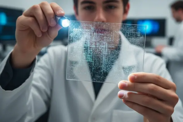 Joven sosteniendo el cristal de Project Silica, mostrando la nueva forma de almacenamiento de datos mediante nano-grabados láser.
