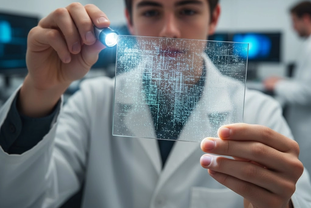 Joven sosteniendo el cristal de Project Silica, mostrando la nueva forma de almacenamiento de datos mediante nano-grabados láser.