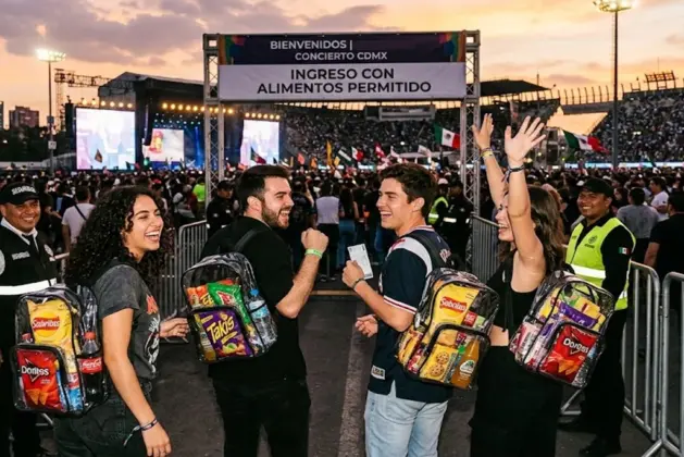 Jóvenes felices ingresando a un concierto con mochilas transparentes llenas de botanas y refrescos, celebrando la aprobación de la ley para ingresar con alimentos a los conciertos en la Ciudad de México.
