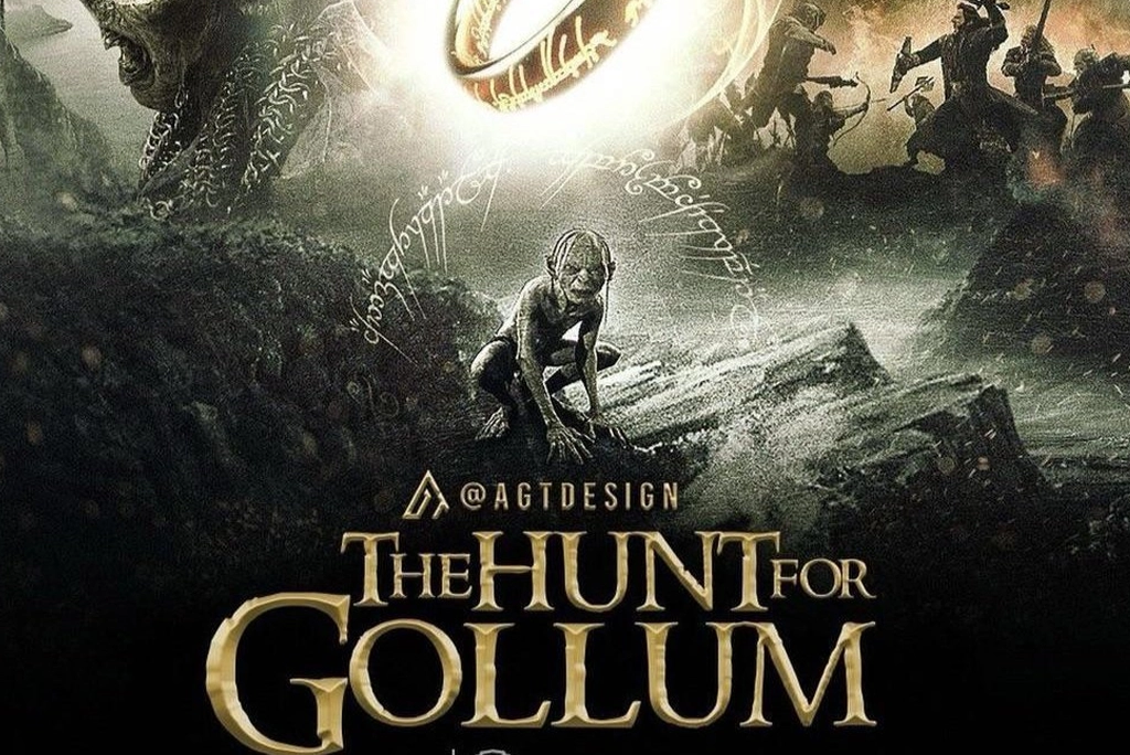 nueva película del señor de los anillos titulada The Hunt for Gollum, con Gollum en primer plano reflejado en agua turbia y a lo lejos la figura encapuchada de Aragorn caminando entre árboles retorcidos.