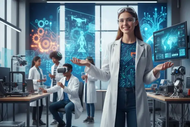 Joven estudiante utilizando tecnología avanzada en un laboratorio moderno, representando las nuevas carreras técnicas SEP enfocadas en innovación.