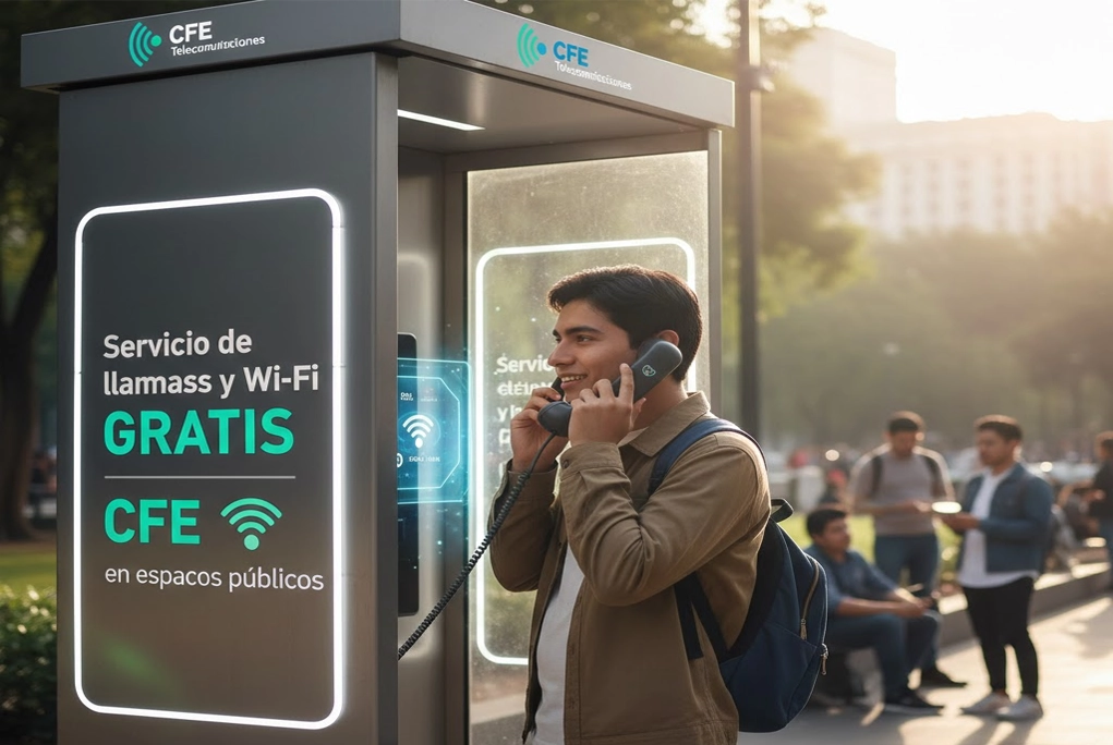 Joven utilizando una moderna cabina telefónica pública de la CFE para hacer una llamada gratis, con el logo de CFE Telecomunicaciones visible. Servicio de llamadas y wifi gratis CFE en espacios públicos.