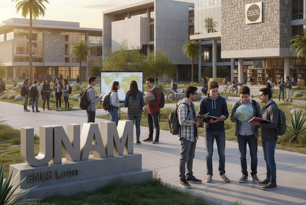 Estudiantes en el campus de la ENES León de la UNAM, representando las nuevas licenciaturas UNAM en Comunicación y Relaciones Internacionales para 2026