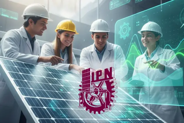 Estudiantes jóvenes observando paneles solares en una de las sedes de los nuevos posgrados IPN en ciencia y tecnología para la transición energética.