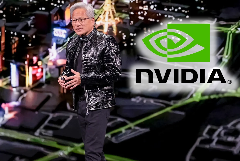 Jensen Huang, CEO de NVIDIA, presentando los avances en inteligencia artificial democratizada durante el CES 2026, con gráficos que muestran plataformas accesibles.