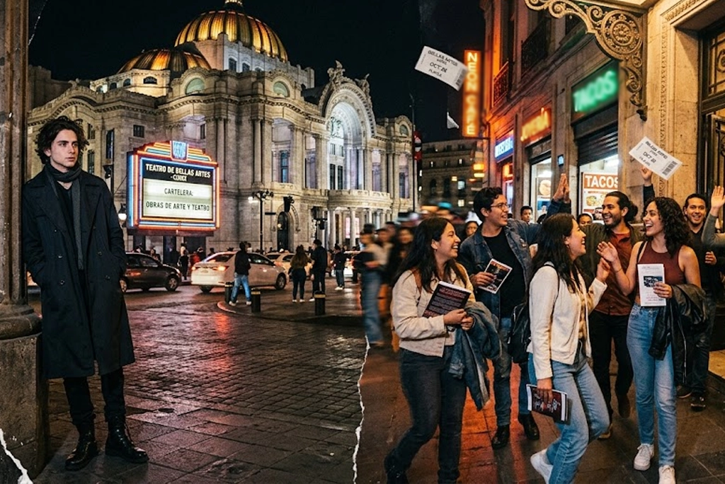 collage artístico de estilo realista que fusiona la enigmática figura de un joven inspirado en Timothée Chalamet con la vibrante energía de la juventud a la salida del Palacio de Bellas Artes en la CDMX.