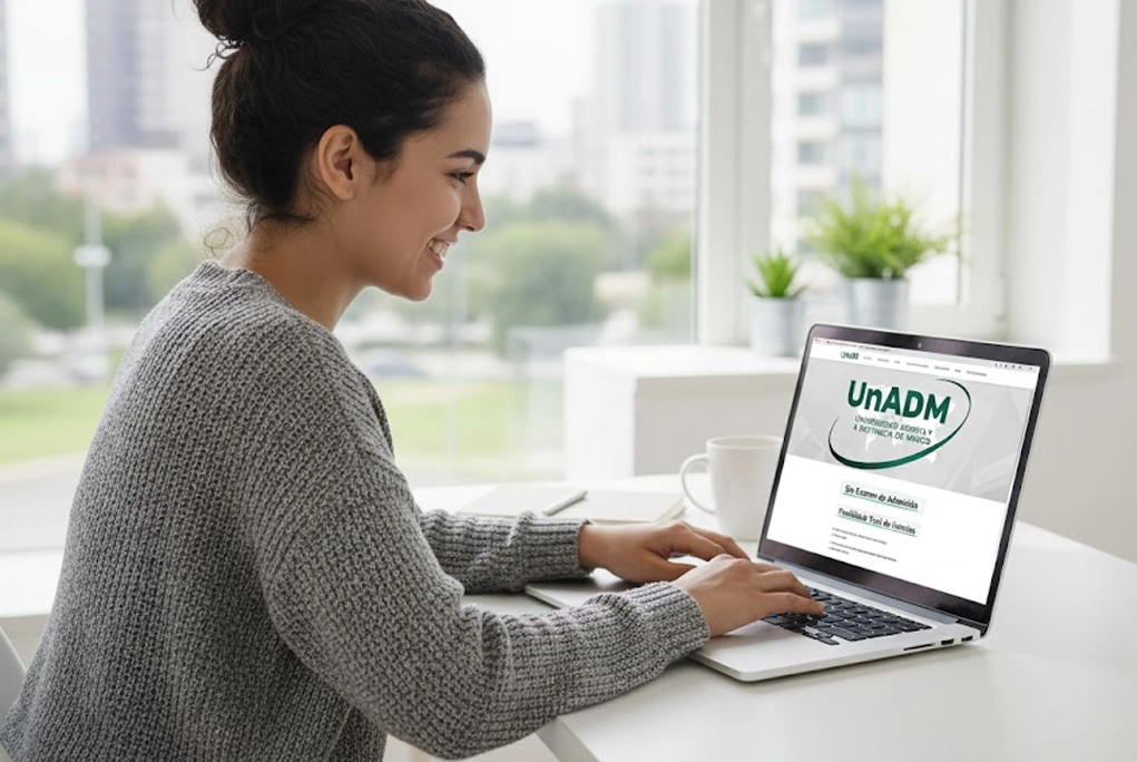 Joven estudiante sonriente usando una laptop, representando la flexibilidad de estudiar licenciaturas en la UnADM sin examen de admisión, en un entorno moderno.