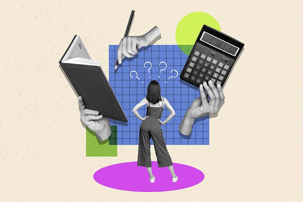 Una joven observa un esquema con signos de interrogación, rodeada de una calculadora, un cuaderno y un lápiz, representando la búsqueda de conocimientos sobre cómo usar una calculadora científica.