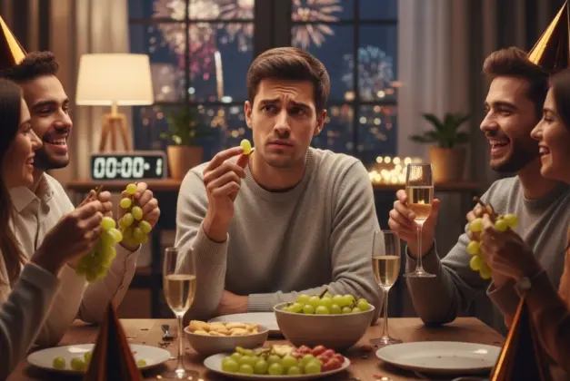 Jóvenes comiendo uvas recibiendo el año nuevo.
