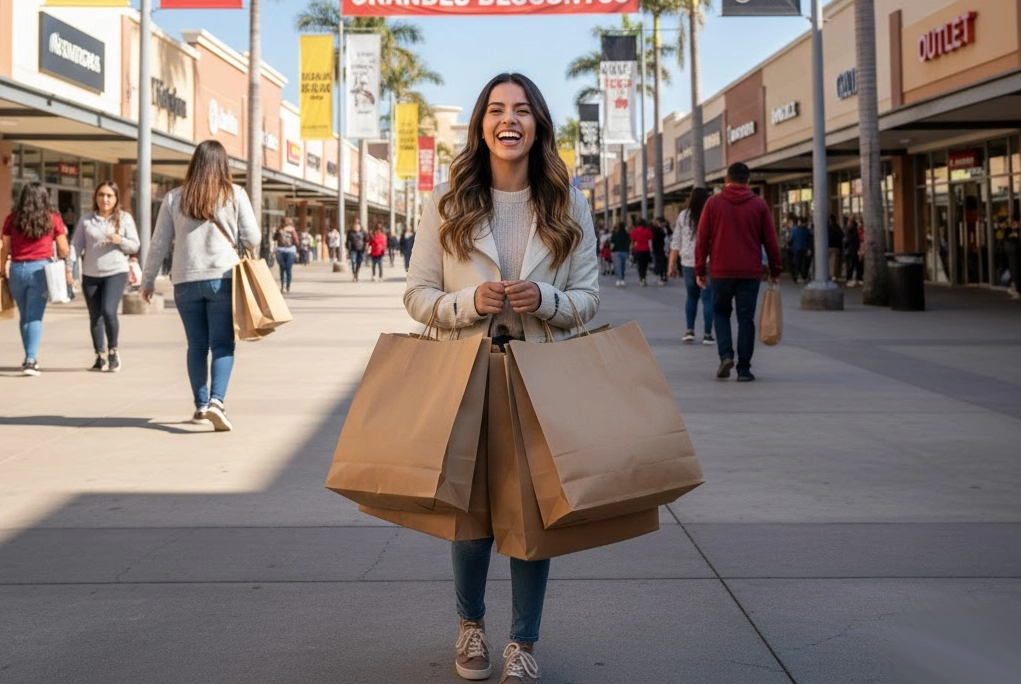 Joven sonriente con bolsas de compras frente a un centro comercial de outlets en Mexico, disfrutando de las rebajas de inicio de año.