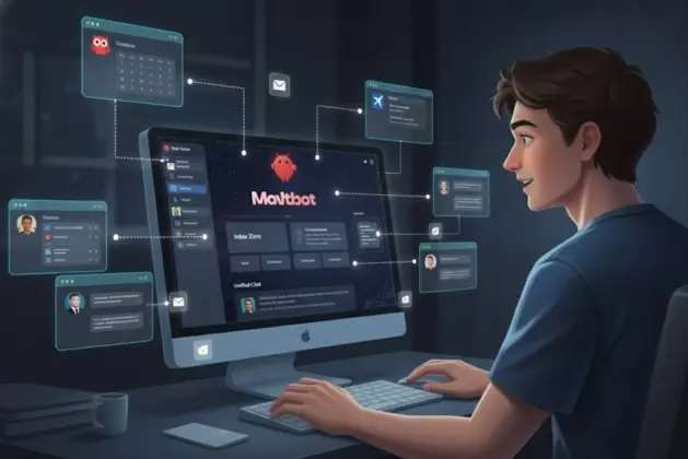 joven en computadora usando Clawdbot IA, mostrando cómo esta inteligencia artificial interactúa y controla diferentes aplicaciones en un ordenador.
