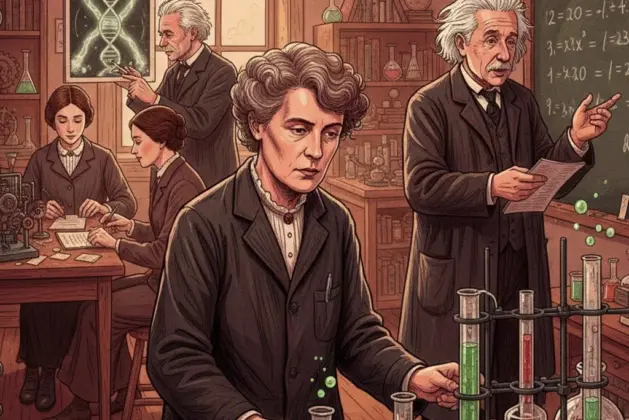 Ilustración de parejas de científicos históricos colaborando en un laboratorio, representando el trabajo en equipo que cambió la historia.