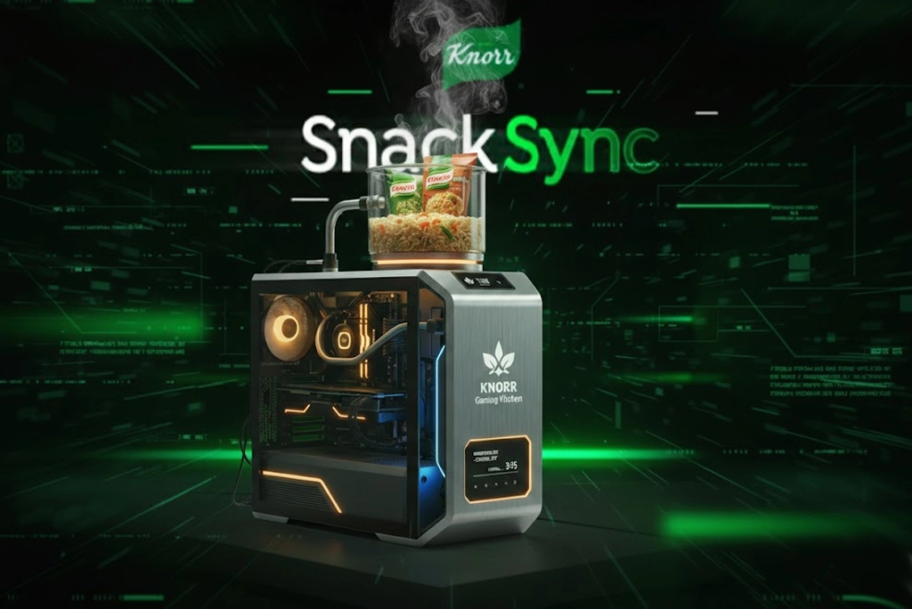 Imagen de la innovadora PC gamer cocina de Knorr, mostrando el rig gaming con el sistema de calentamiento integrado que prepara una Pasta Pot.