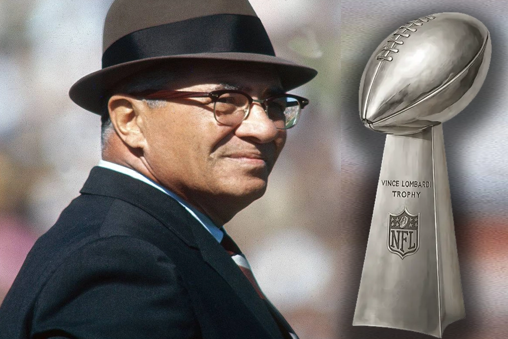 El trofeo Vince Lombardi del Super Bowl, un balón de fútbol americano de plata, junto a una imagen del legendario entrenador Vince Lombardi.