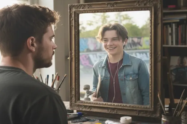 Joven adulto de alrededor de 30 años reflejado en un espejo con la imagen de un adolescente, representando el concepto de adolescencia a los 32 años según el estudio científico.