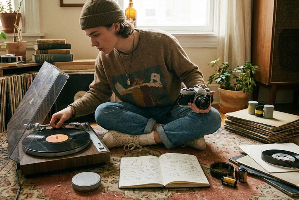 Joven de la Generación Z interactuando con objetos analógicos como un tocadiscos, una cámara de película y una libreta, representando el fenómeno cultural del regreso a lo analógico