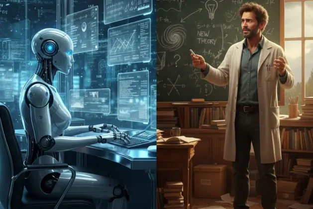 Imagen que contrasta a un científico IA (representado por un robot analizando datos) con un científico humano formulando una hipótesis creativa en un pizarrón.