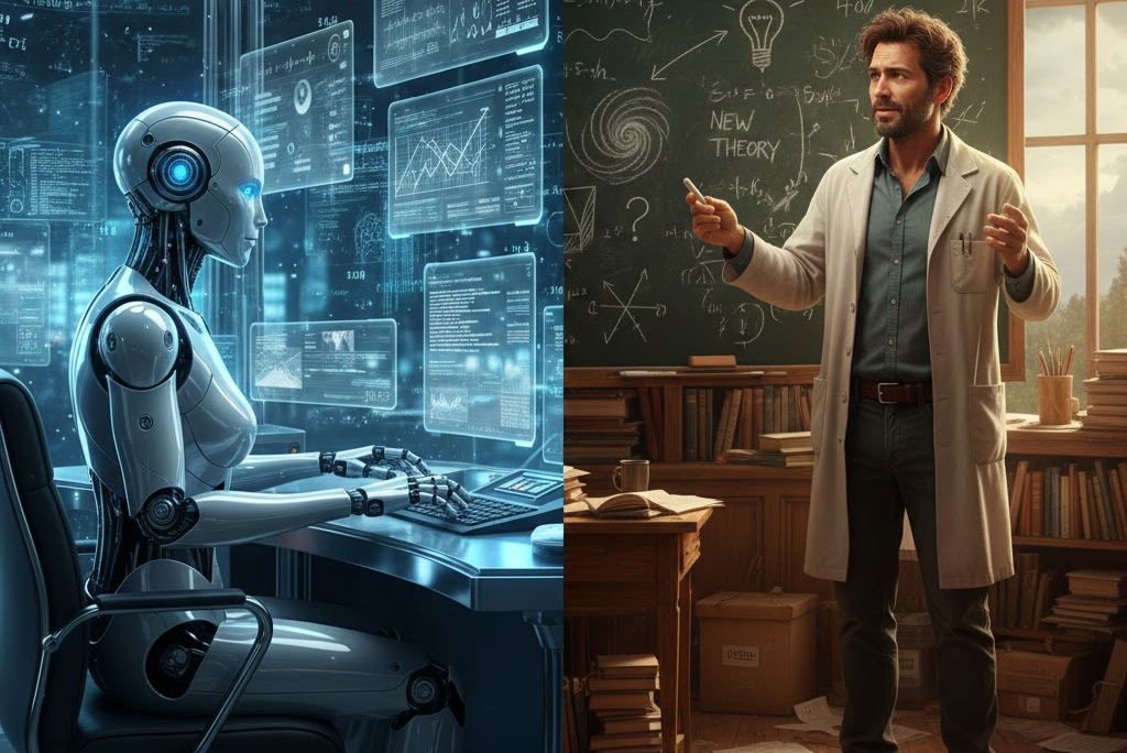 Imagen que contrasta a un científico IA (representado por un robot analizando datos) con un científico humano formulando una hipótesis creativa en un pizarrón.