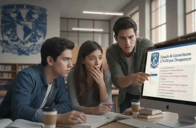 Estudiantes revisando un listado de las licenciaturas UNAM por desaparecer en una computadora, con el logo de la Universidad Nacional al fondo.