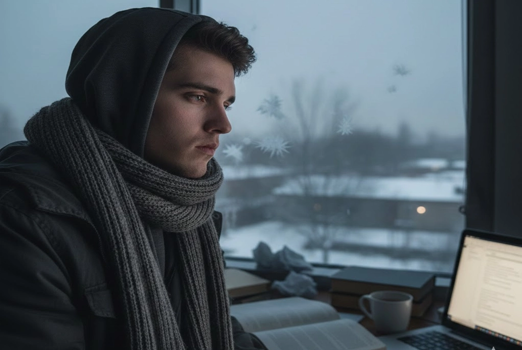 Joven universitario con expresión de cansancio abrigado con una bufanda, mirando por la ventana en un día gris de invierno. Representa el concepto de cansancio invierno o astenia invernal