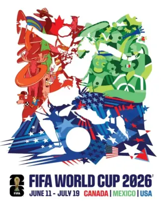 Tres artistas sosteniendo el poster mundial 2026, con la ilustradora mexicana Minerva GM al centro mostrando su obra, fondo colorido con elementos de diseño gráfico contemporáneo.