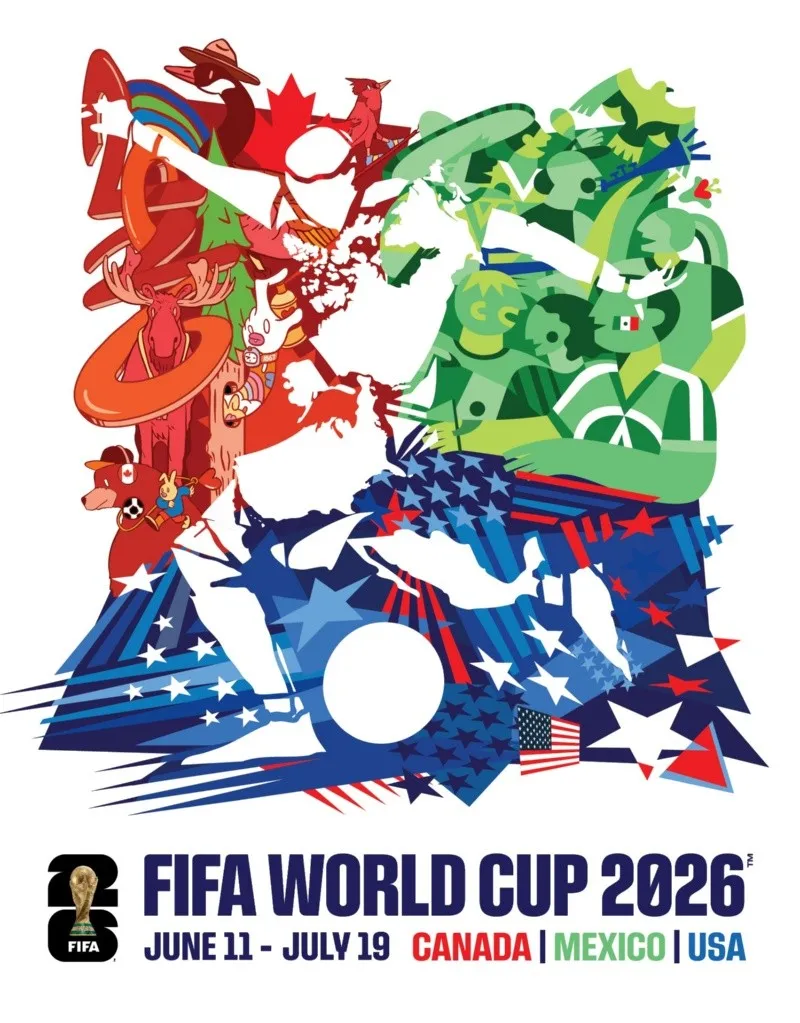 Tres artistas sosteniendo el poster mundial 2026, con la ilustradora mexicana Minerva GM al centro mostrando su obra, fondo colorido con elementos de diseño gráfico contemporáneo.