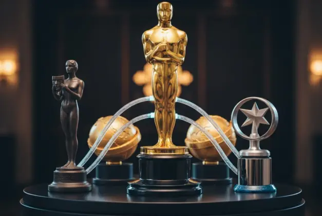 diferentes estatuillas de los principales premios que predicen los Oscar, como los SAG, Globos de Oro y Critics Choice, conectados a la estatuilla dorada.