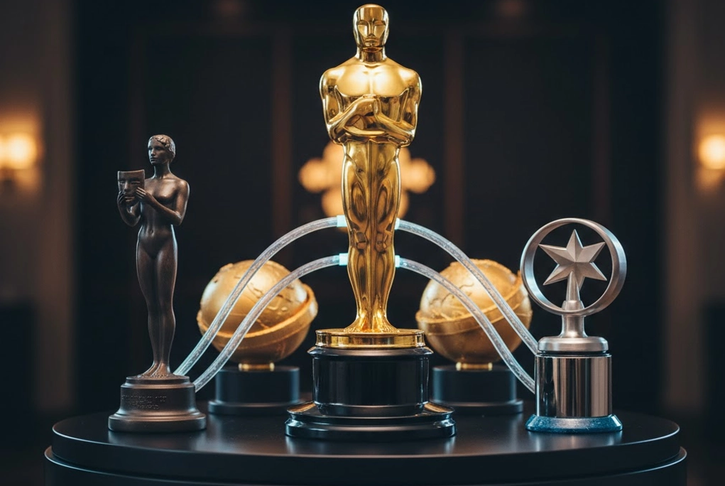 diferentes estatuillas de los principales premios que predicen los Oscar, como los SAG, Globos de Oro y Critics Choice, conectados a la estatuilla dorada.