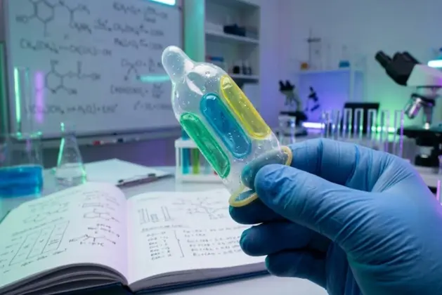 Prototipo de preservativo ITS que cambia de color verde, azul y amarillo al detectar diferentes infecciones, sostenido por manos de estudiantes universitarios en un laboratorio.
