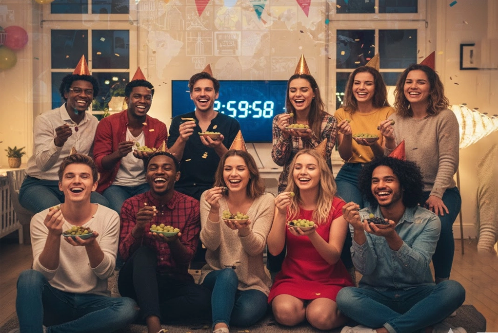 Jóvenes de diversos países esperando la llegada del año nuevo celebrando con familiares y amigos