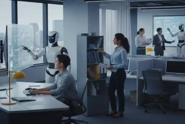 robot colaborando con humanos en una oficina moderna, representando el impacto de la IA en los empleos que desaparecerán según Microsoft.