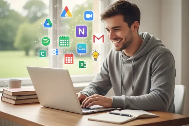 Joven estudiante sonriente usando una laptop con varios iconos de programas para estudiantes flotando alrededor, representando productividad y aprendizaje.