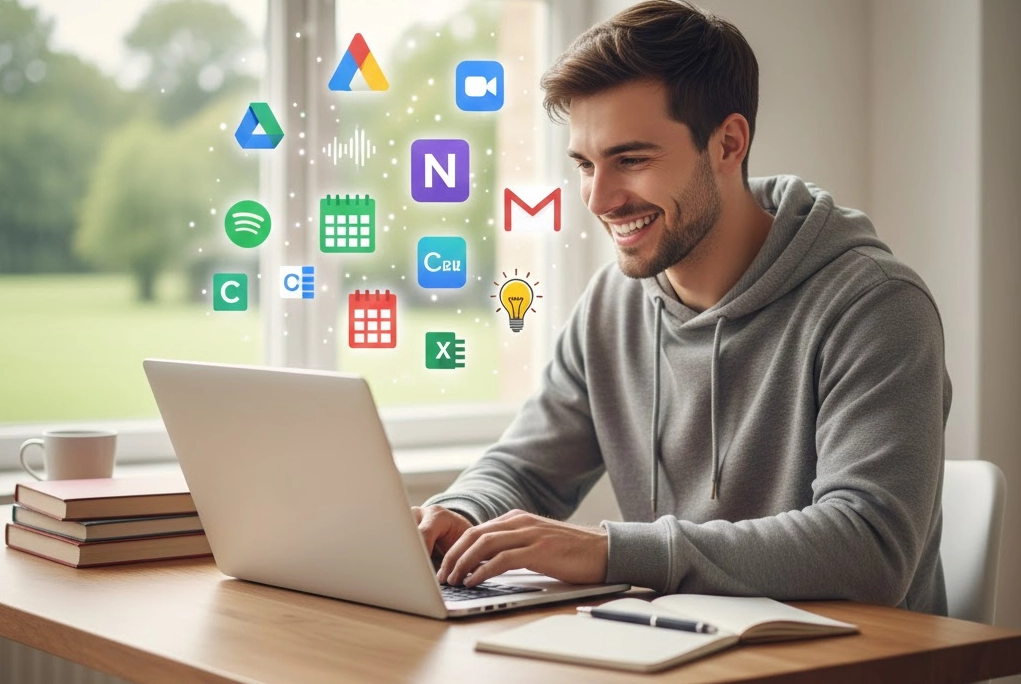 Joven estudiante sonriente usando una laptop con varios iconos de programas para estudiantes flotando alrededor, representando productividad y aprendizaje.