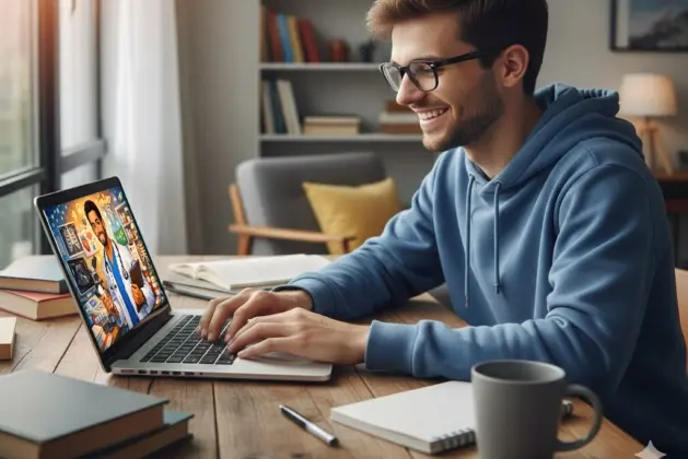 Joven universitario sonriente usando su laptop mientras escribe un prompt en chatgpt para generar una caricatura de su profesión