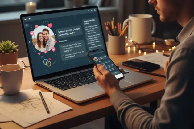 Joven utilizando una laptop y un teléfono, mostrando una interfaz de IA generando ideas creativas para un prompt para elegir el regalo perfecto para darle a su pareja (pon una foto de ellos en pareja con símbolos románticos)