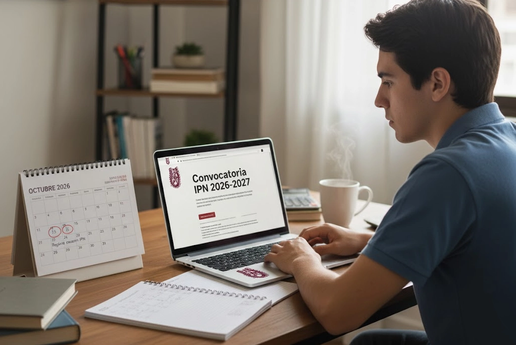 Joven revisando calendario y computadora portátil con logotipo del IPN, representando la preparación para la próxima convocatoria del IPN