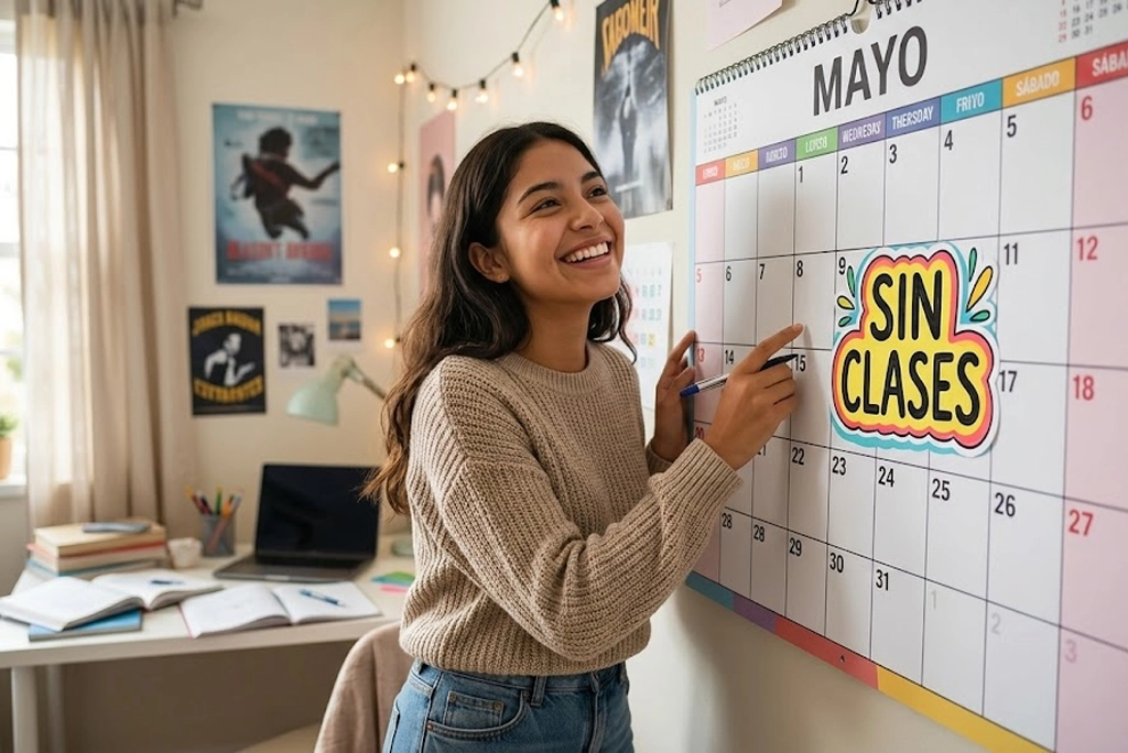Calendario de pared con el mes de mayo marcado en rojo, tres círculos alrededor de los viernes 1, 15 y 29, con un sticker que dice "sin clases". Ilustración juvenil de los puentes mayo SEP.