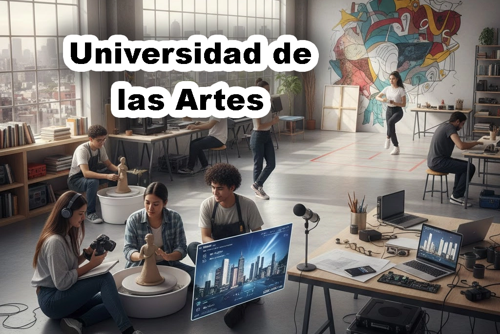 Jóvenes diversos trabajando en un estudio de arte moderno, representando las diversas carreras en la Universidad de las Artes de la CDMX.