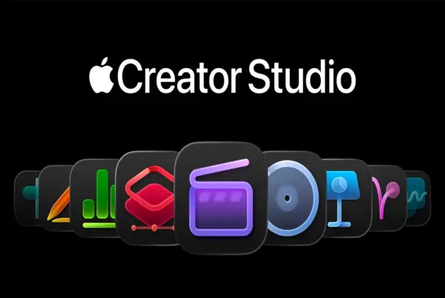 Interfaz del nuevo Apple Creator Studio mostrando las aplicaciones Final Cut Pro, Logic Pro y Pixelmator Pro en un iPad Pro y un MacBook, representando el ecosistema creativo unificado de Apple.