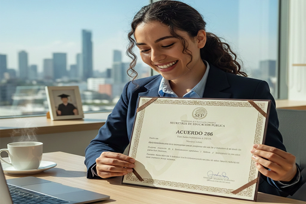 Joven profesional revisando un título universitario obtenido mediante el proceso de titulación Acuerdo 286 de la SEP en México, sonriendo con alivio y satisfacción.