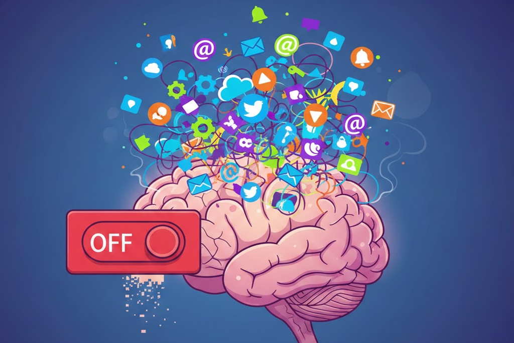 Ilustración juvenil que representa visualmente el concepto de apagón cognitivo: un cerebro sobrecargado de iconos digitales, con un interruptor en modo "off"