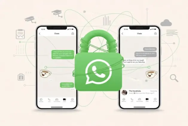 Ilustración que representa el debate sobre la privacidad y el cifrado extremo a extremo de WhatsApp, mostrando un candado entre dos smartphones.