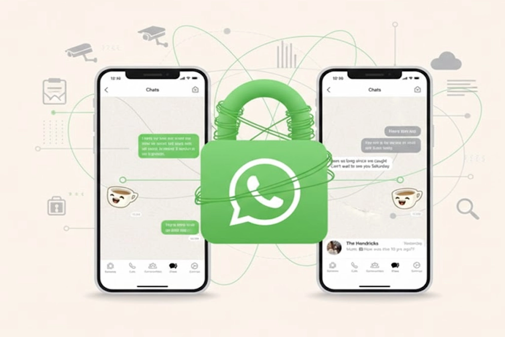 Ilustración que representa el debate sobre la privacidad y el cifrado extremo a extremo de WhatsApp, mostrando un candado entre dos smartphones.