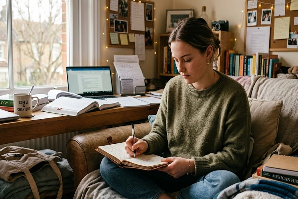 Joven universitaria de veintitantos años en su habitación, con una libreta abierta y un bolígrafo, practicando qué es el journaling mientras mira por la ventana con expresión tranquila y reflexiva.