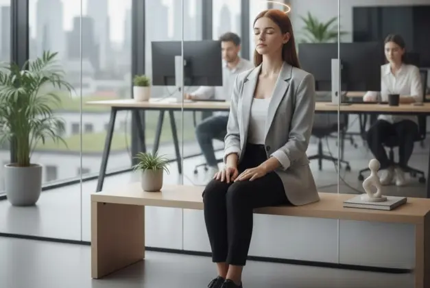 Joven líder practicando liderazgo consciente, reflexionando en silencio en un entorno moderno de trabajo.