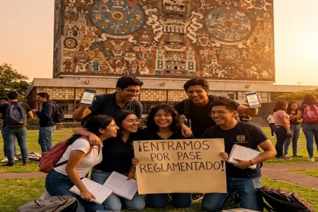 Estudiantes jóvenes celebrando su ingreso a la UNAM sin examen gracias al Pase Reglamentado, con mochilas y libros frente a la Biblioteca Central de CU.